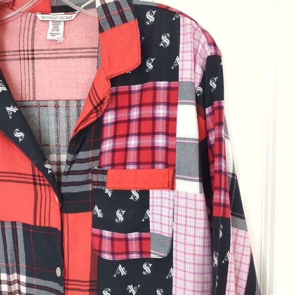 Victoria's Secret Red Patchwork Nightshirt Button Front Knee Length LS Cotton XS - Picture 4 of 9